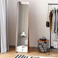 SPECCHIO DA TERRA E DA PARETE CON STRUTTURA IN LEGNO, SUPPORTO PIEGHEVOLE CON CERNIERA, 37X43X156CM, NOCE CHIARO