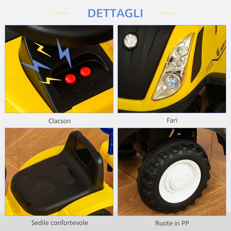 TRATTORE PER BAMBINI CAVALCABILE CON RIMORCHIO RASTRELLO E PALA 12-36 MESI