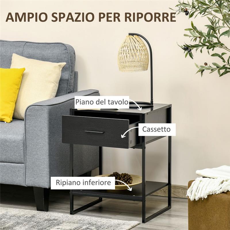 COMODINO MODERNO CON CASSETTO E RIPIANO APERTO 45X 40 X 60 CM NERO