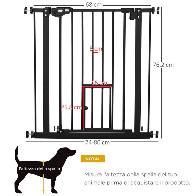 CANCELLETTO PER CANI CON FISSAGGIO A PRESSIONE, ESTENSIBILE DA 74-80CM CON CHIUSURA AUTOMATICA, NERO