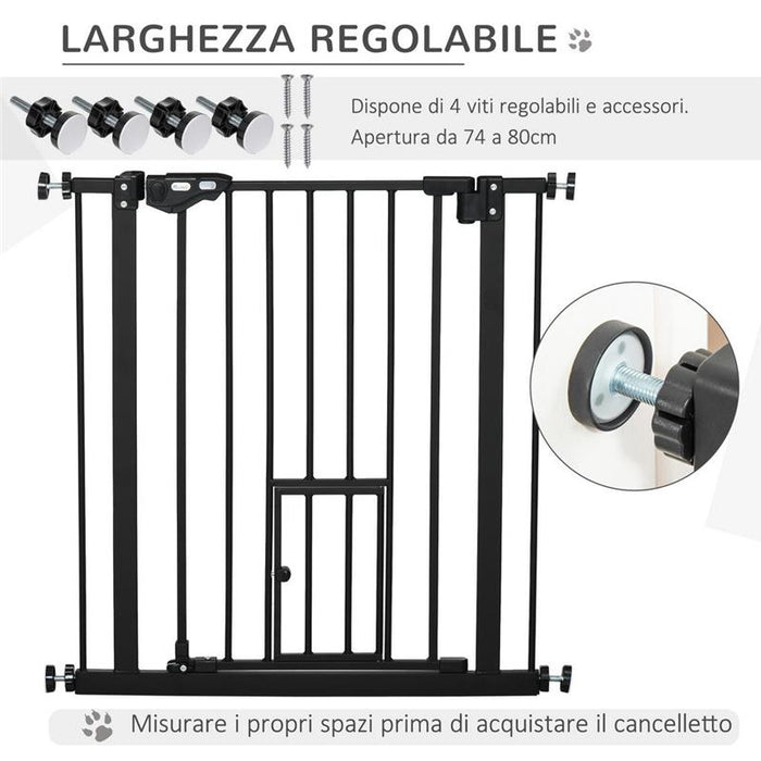 CANCELLETTO PER CANI CON FISSAGGIO A PRESSIONE, ESTENSIBILE DA 74-80CM CON CHIUSURA AUTOMATICA, NERO