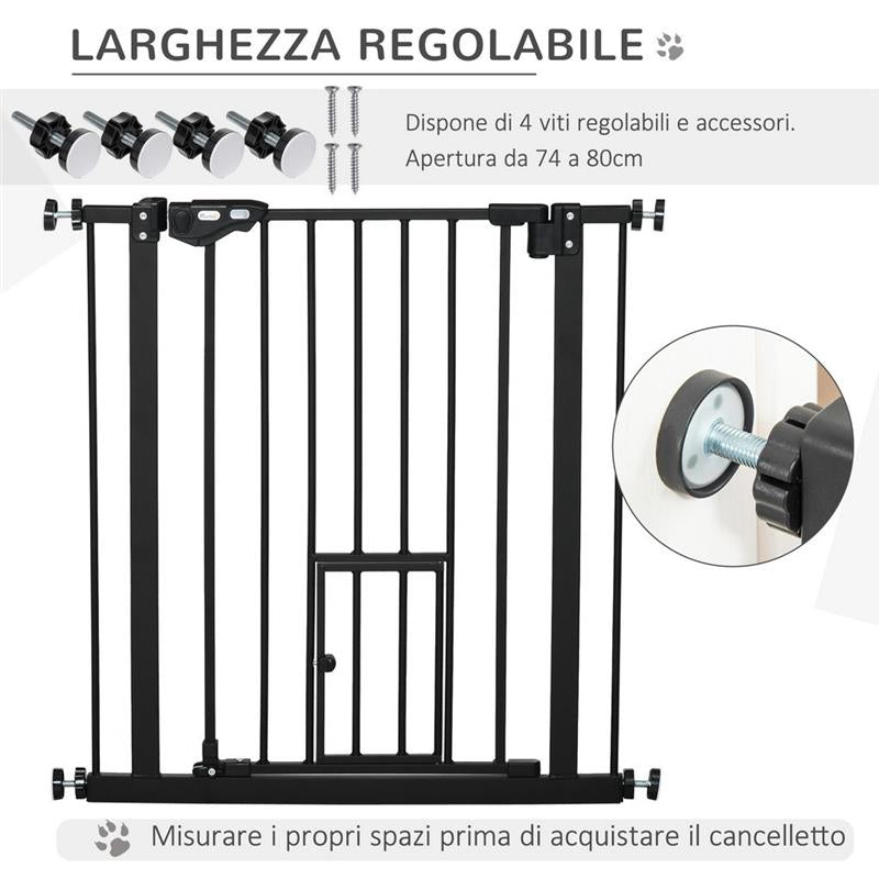 CANCELLETTO PER CANI CON FISSAGGIO A PRESSIONE, ESTENSIBILE DA 74-80CM CON CHIUSURA AUTOMATICA, NERO