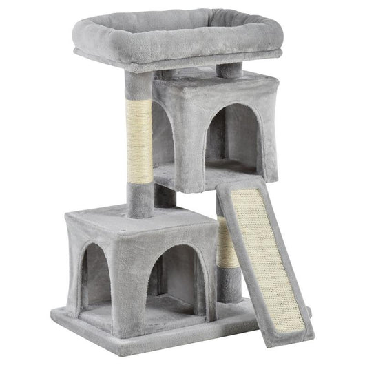 ALBERO TIRAGRAFFI PER GATTI CON PALI IN SISAL, LETTINO E 2 CASETTE, 59X39X83CM, GRIGIO