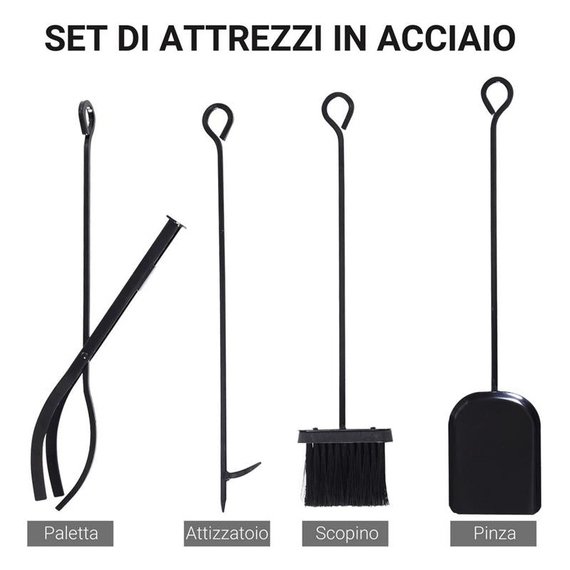 PORTALEGNA DA INTERNO ED ESTERNO SALVASPAZIO IN METALLO CON PALETTA SCOPINO ATTIZZATOIO E PINZA, 34X34X111CM NERO