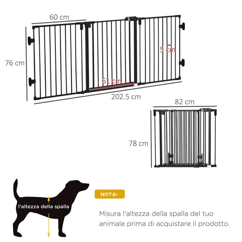 CANCELLETTO DI SICUREZZA PIEGHEVOLE E REGOLABILE IN ACCIAIO, BARRIERA PER CANI CON CHIUSURA AUTOMATICA E SISTEMA DI BLOCCO - NERO