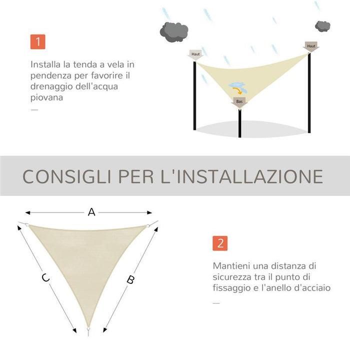 TENDA DA SOLE A VELA OMBREGGIANTE TRIANGOLARE 5 X 5 X 5 MT COLORE BEIGE