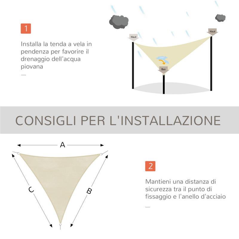 TENDA DA SOLE A VELA OMBREGGIANTE TRIANGOLARE 5 X 5 X 5 MT COLORE BEIGE
