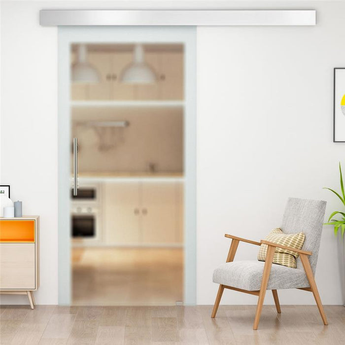 PORTA SCORREVOLE INTERNA IN VETRO SMERIGLIATO CON BINARIO B1 E MANIGLIA PER BAGNO CUCINA STUDIO VETRO 205X 77,5X 0,8CM