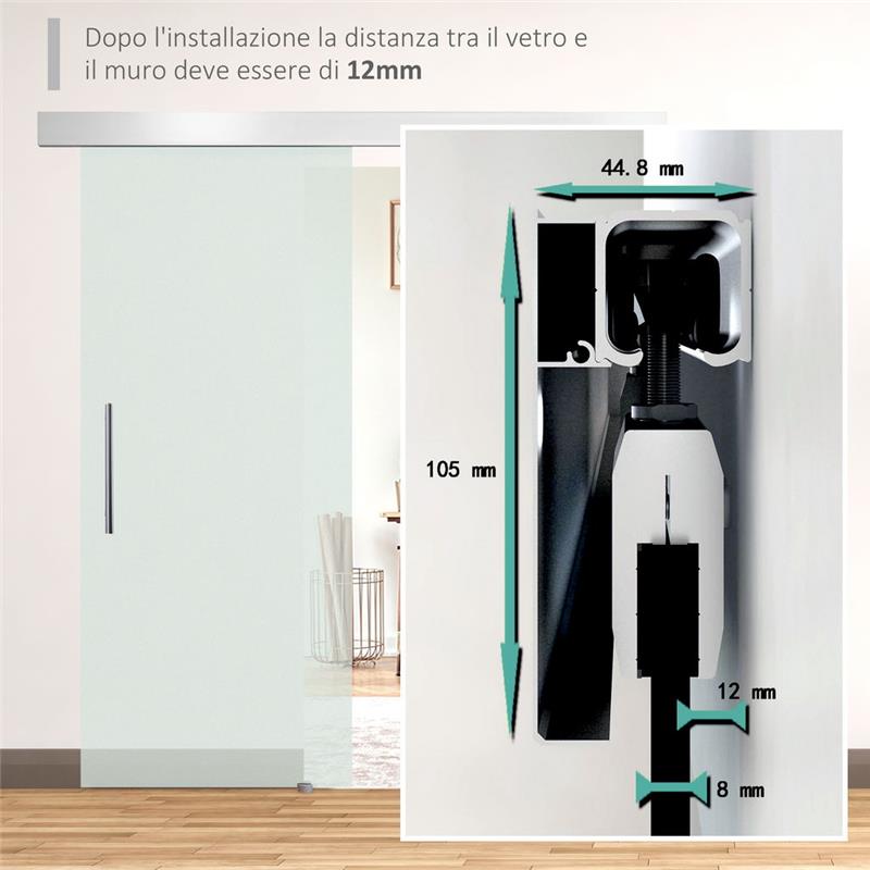 PORTA SCORREVOLE INTERNA IN VETRO SMERIGLIATO CON BINARIO B1 E MANIGLIA PER BAGNO CUCINA STUDIO VETRO 205X 77,5X 0,8CM