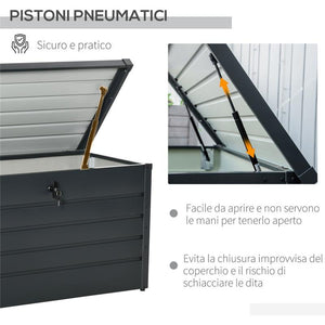 PANCA CONTENITORE DA ESTERNO CON CHIAVE, BAULE DA GIARDINO IN ACCIAIO 120X62X62CM GRIGIO