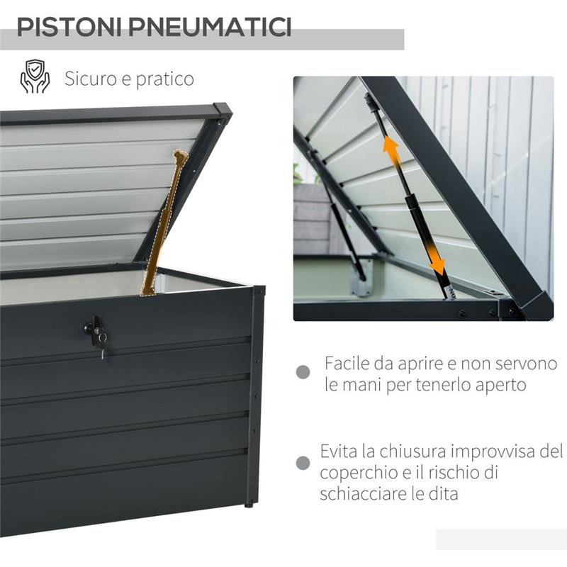 PANCA CONTENITORE DA ESTERNO CON CHIAVE, BAULE DA GIARDINO IN ACCIAIO 120X62X62CM GRIGIO
