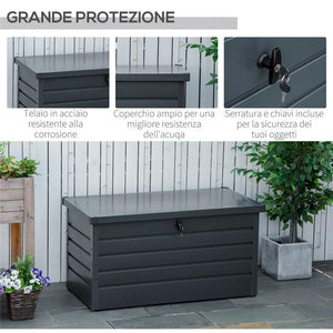 PANCA CONTENITORE DA ESTERNO CON CHIAVE, BAULE DA GIARDINO IN ACCIAIO 120X62X62CM GRIGIO