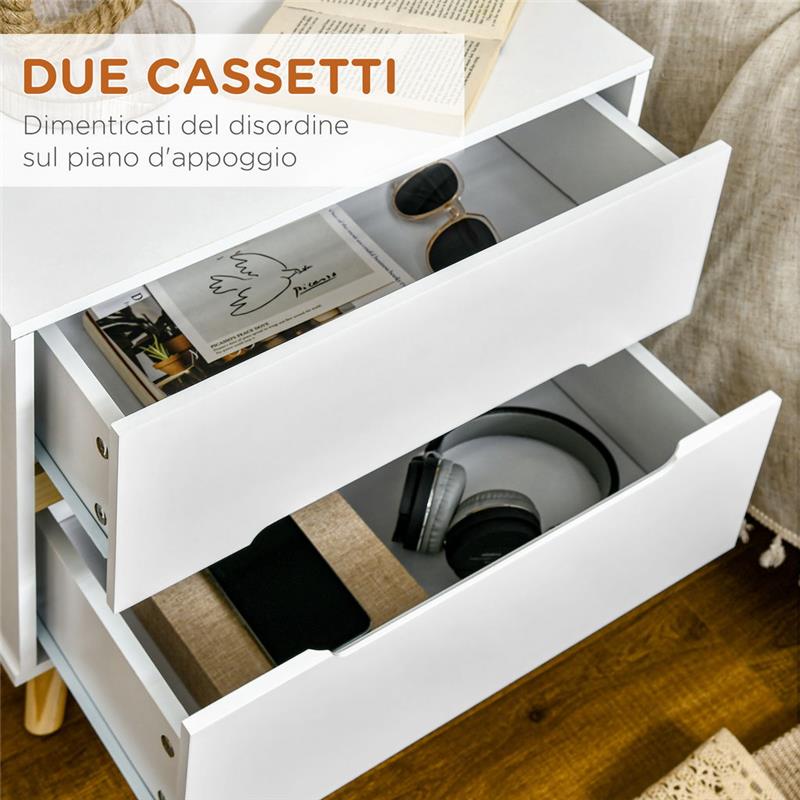 COMODINO MODERNO CON 2 CASSETTI E GAMBE IN LEGNO DI PINO 50X40X50.5 CM BIANCO