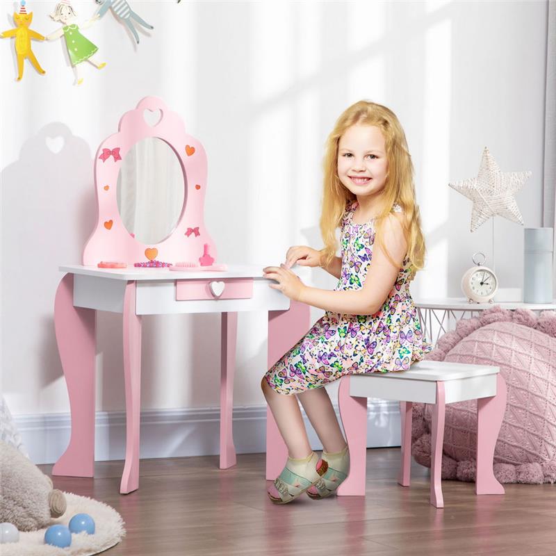 SET TAVOLO TRUCCO CON SGABELLO, SPECCHIO E CASSETTO PER BIMBI 3-6 ANNI, BIANCO E ROSA
