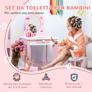 SET TAVOLO TRUCCO CON SGABELLO, SPECCHIO E CASSETTO PER BIMBI 3-6 ANNI, BIANCO E ROSA