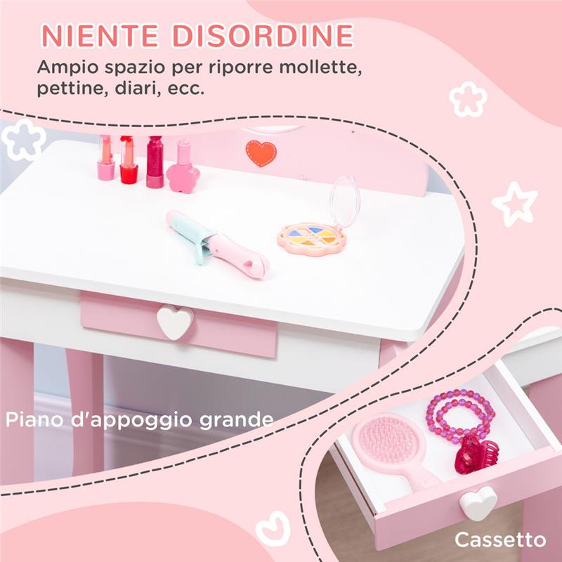 SET TAVOLO TRUCCO CON SGABELLO, SPECCHIO E CASSETTO PER BIMBI 3-6 ANNI, BIANCO E ROSA