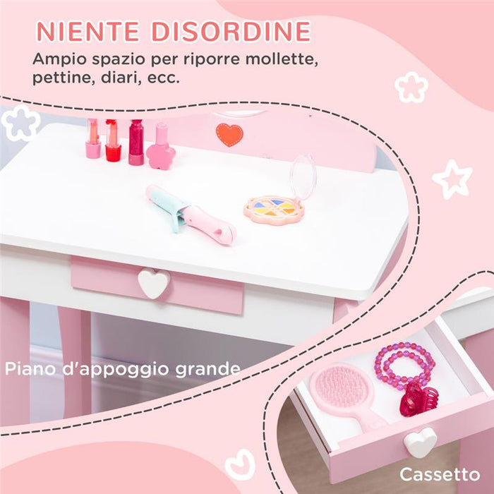 SET TAVOLO TRUCCO CON SGABELLO, SPECCHIO E CASSETTO PER BIMBI 3-6 ANNI, BIANCO E ROSA