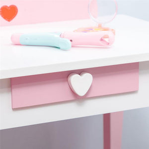 SET TAVOLO TRUCCO CON SGABELLO, SPECCHIO E CASSETTO PER BIMBI 3-6 ANNI, BIANCO E ROSA