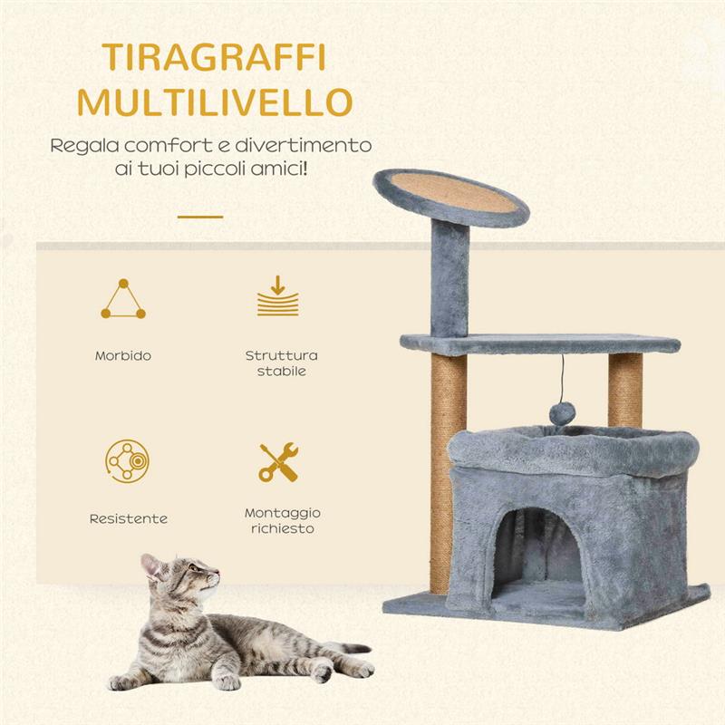 ALBERO TIRAGRAFFI PER GATTI CON PALI IN CORDA JUTA, CASETTA E CUSCINO PER GATTI, RIVESTIMENTO IN PELUCHE, ALTEZZA 84CM - GRIGIO