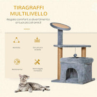 ALBERO TIRAGRAFFI PER GATTI CON PALI IN CORDA JUTA, CASETTA E CUSCINO PER GATTI, RIVESTIMENTO IN PELUCHE, ALTEZZA 84CM - GRIGIO