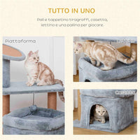 ALBERO TIRAGRAFFI PER GATTI CON PALI IN CORDA JUTA, CASETTA E CUSCINO PER GATTI, RIVESTIMENTO IN PELUCHE, ALTEZZA 84CM - GRIGIO