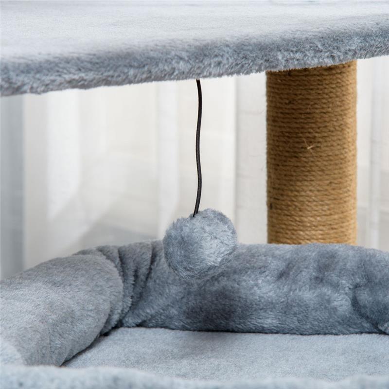 ALBERO TIRAGRAFFI PER GATTI CON PALI IN CORDA JUTA, CASETTA E CUSCINO PER GATTI, RIVESTIMENTO IN PELUCHE, ALTEZZA 84CM - GRIGIO