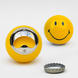 Apribottiglie "Smiley" – Palla da biliardo gialla con faccina e inserto in acciaio