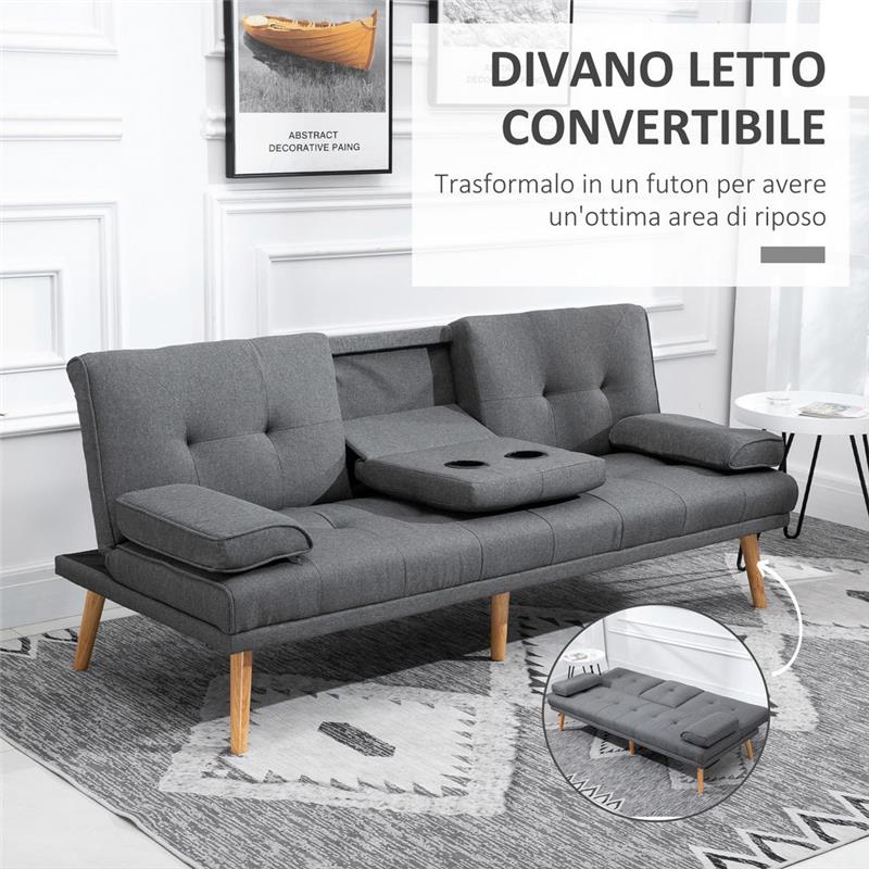 DIVANO LETTO 3 POSTI CON 2 BRACCIOLI IN TESSUTO EFFETTO LINO 181X77X78 CM GRIGIO