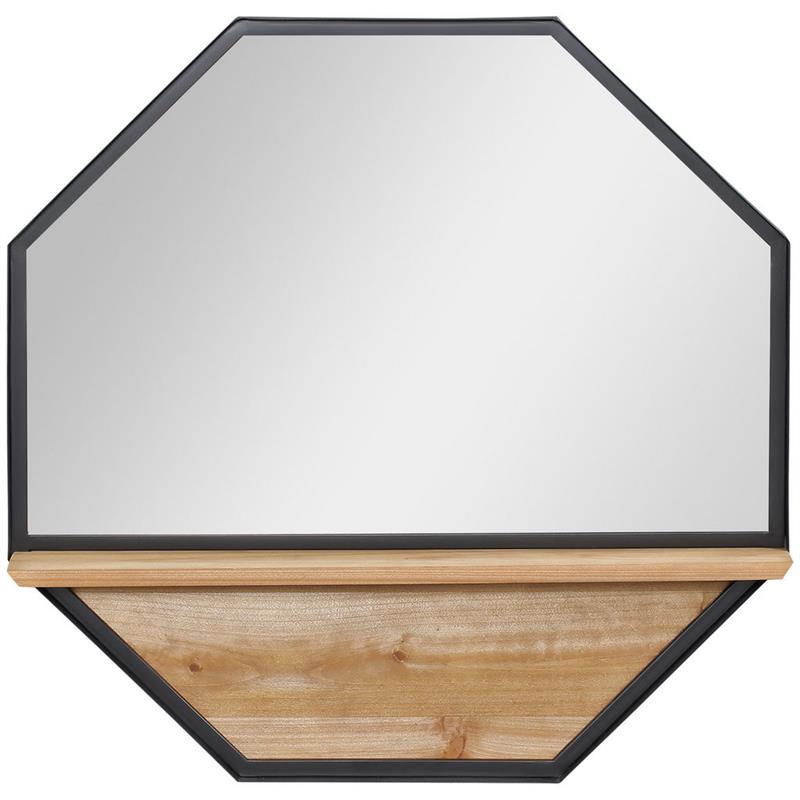 SPECCHIO DA PARETE OTTAGONALE IN METALLO CON MENSOLA IN LEGNO 61X61CM