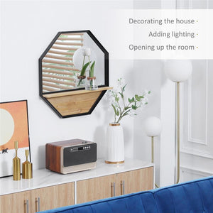 SPECCHIO DA PARETE OTTAGONALE IN METALLO CON MENSOLA IN LEGNO 61X61CM