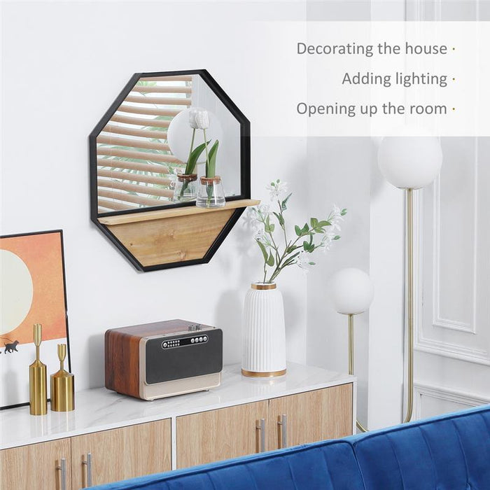 SPECCHIO DA PARETE OTTAGONALE IN METALLO CON MENSOLA IN LEGNO 61X61CM