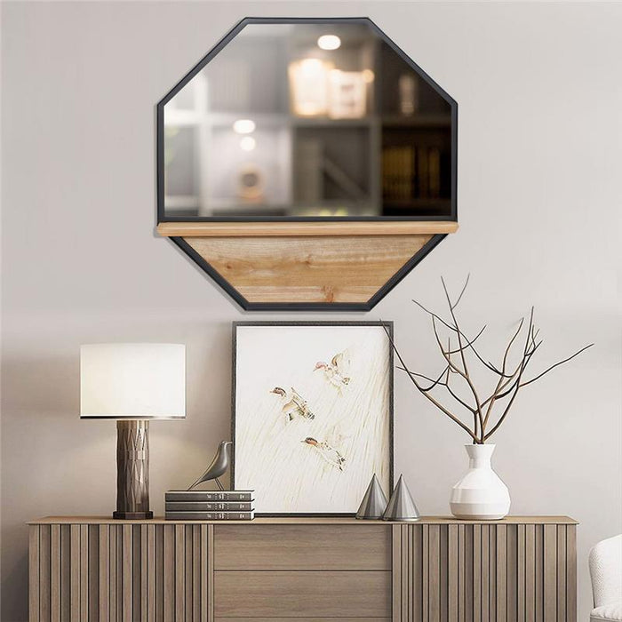 SPECCHIO DA PARETE OTTAGONALE IN METALLO CON MENSOLA IN LEGNO 61X61CM