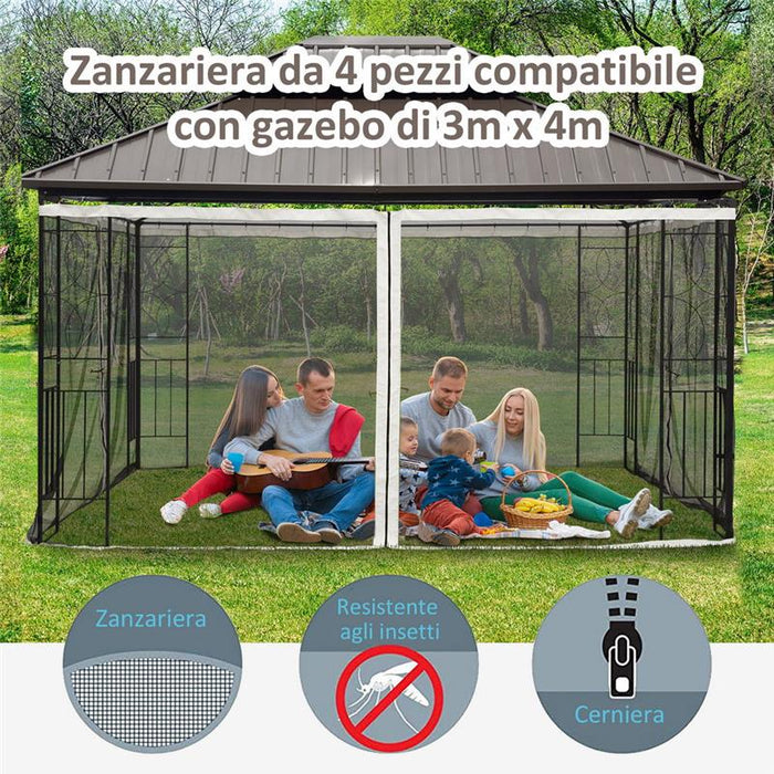 ZANZARIERA PER GAZEBO 3X4M CON CERNIERE E ANELLI, PANNELLI DA 352X207CM - NERO/BEIGE