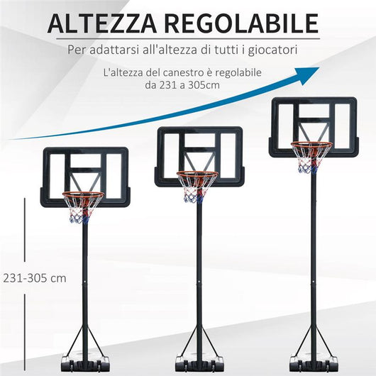 CANESTRO BASKET ALTEZZA REGOLABILE 231-305 CM BASE CON RUOTE IN ACCIAIO