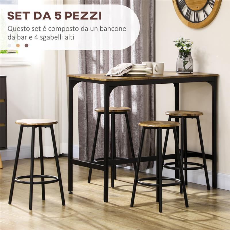 SET DA BAR 5 PEZZI CON TAVOLO ALTO E 4 SGABELLI STILE INDUSTRIALE, MARRONE E NERO