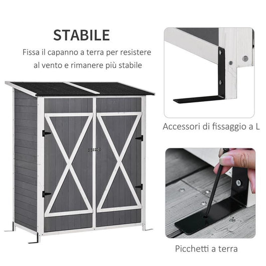 CASETTA DA GIARDINO PORTA UTENSILI IN LEGNO, DOPPIA PORTA CON BLOCCO E TAVOLO