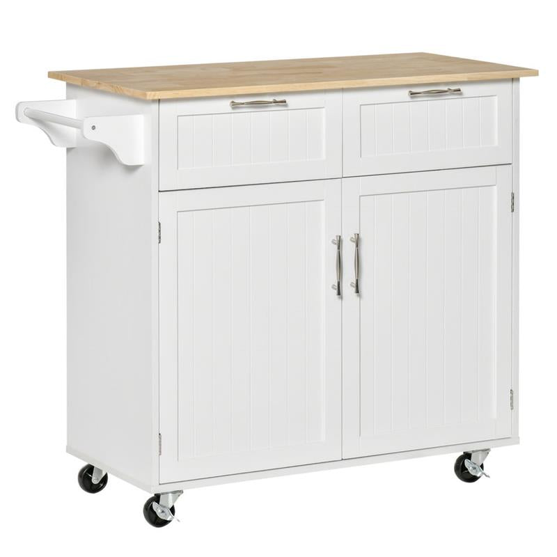 CARRELLO DA CUCINA MULTIUSO IN LEGNO CON 2 CASSETTI ARMADIETTO E 4 RUOTE BIANCO
