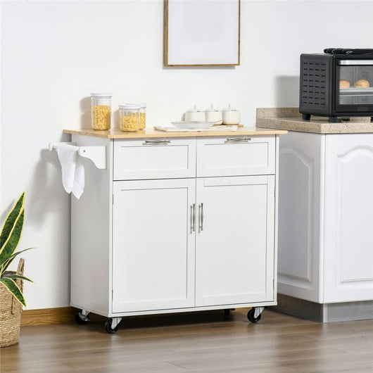 CARRELLO DA CUCINA MULTIUSO IN LEGNO CON 2 CASSETTI ARMADIETTO E 4 RUOTE BIANCO