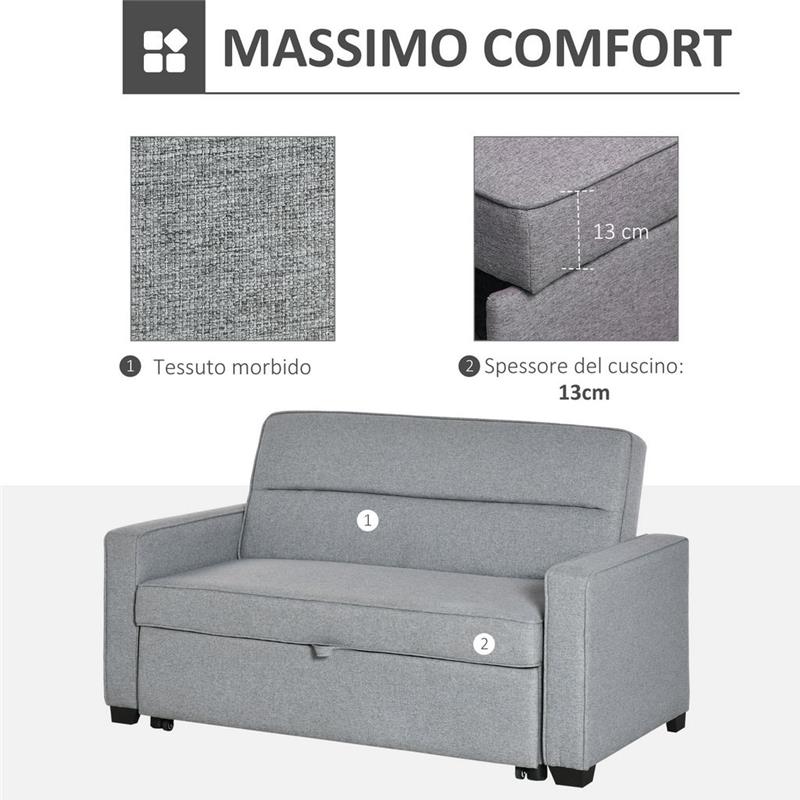 DIVANO LETTO 2 POSTI E SCHIENALE A 3 RECLINAZIONI154 X 87 X 89 CM GRIGIO