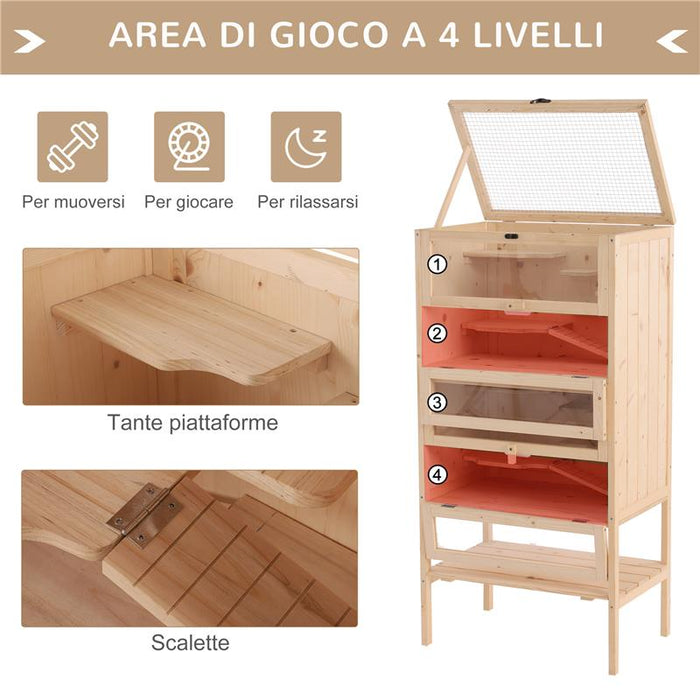 GABBIA PER RODITORI E CRICETI A 4 RIPIANI CON TETTO APRIBILE IN LEGNO 60X40X120CM
