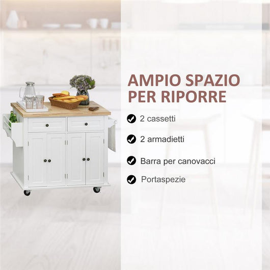 CARRELLO DA CUCINA PORTAVIVANDE CON CASSETTI E PORTASPEZIE IN LEGNO BIANCO