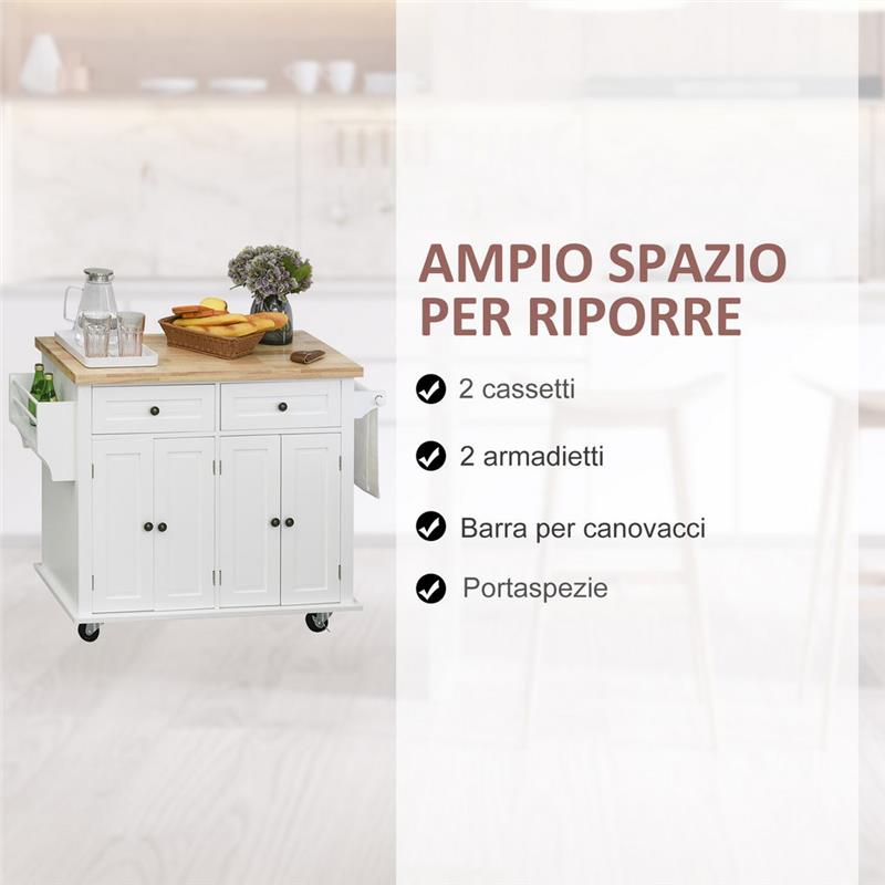 CARRELLO DA CUCINA PORTAVIVANDE CON CASSETTI E PORTASPEZIE IN LEGNO BIANCO