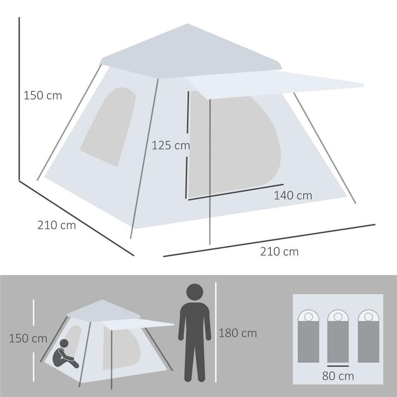 TENDA DA CAMPEGGIO DA 2-3 PERSONE CON VERANDA 210 X 210 X 150 CM GRIGIA E BIANCA
