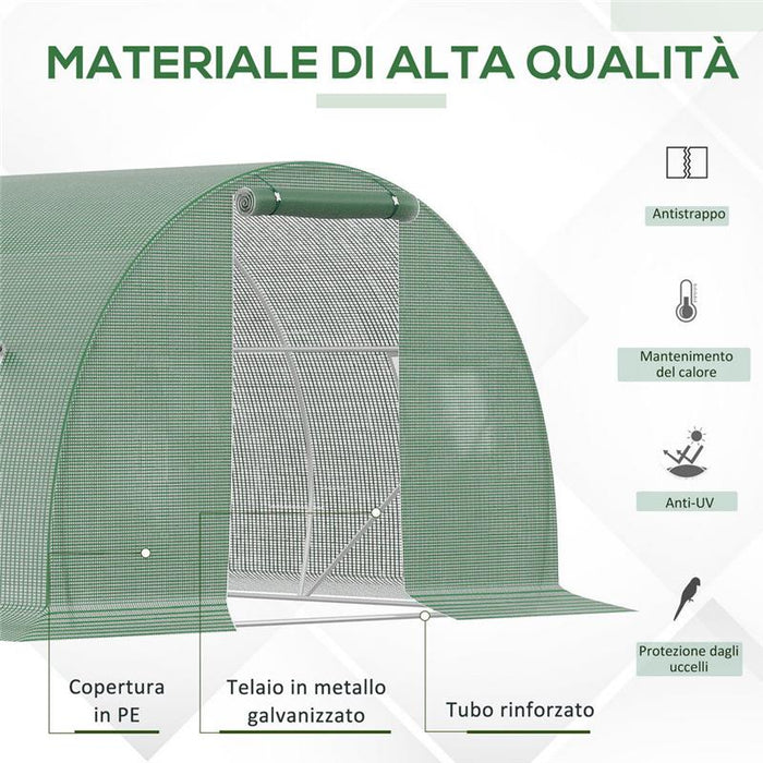 SERRA A TUNNEL DA ESTERNO CON COPERTURA IN PE PORTA CON CERNIERA E 6 FINESTRE VERDE