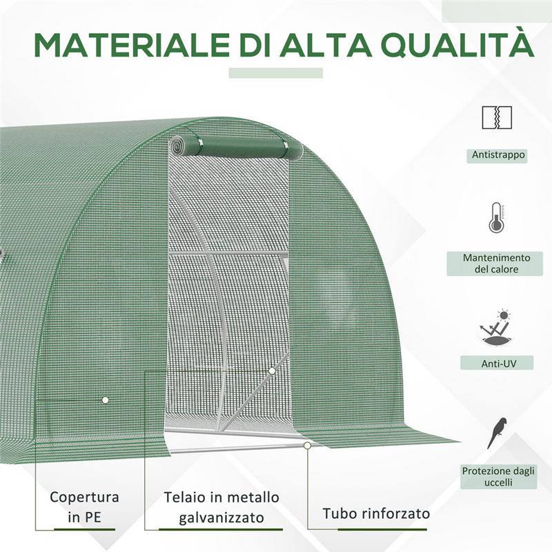 SERRA A TUNNEL DA ESTERNO CON COPERTURA IN PE PORTA CON CERNIERA E 6 FINESTRE VERDE