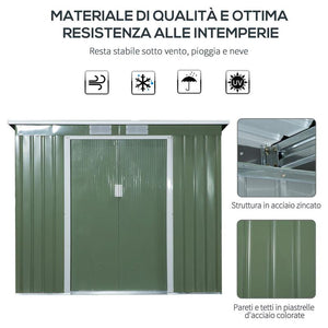 CASETTA DA GIARDINO IN ACCIAIO CON DOPPIA PORTA 213X130X173 CM VERDE