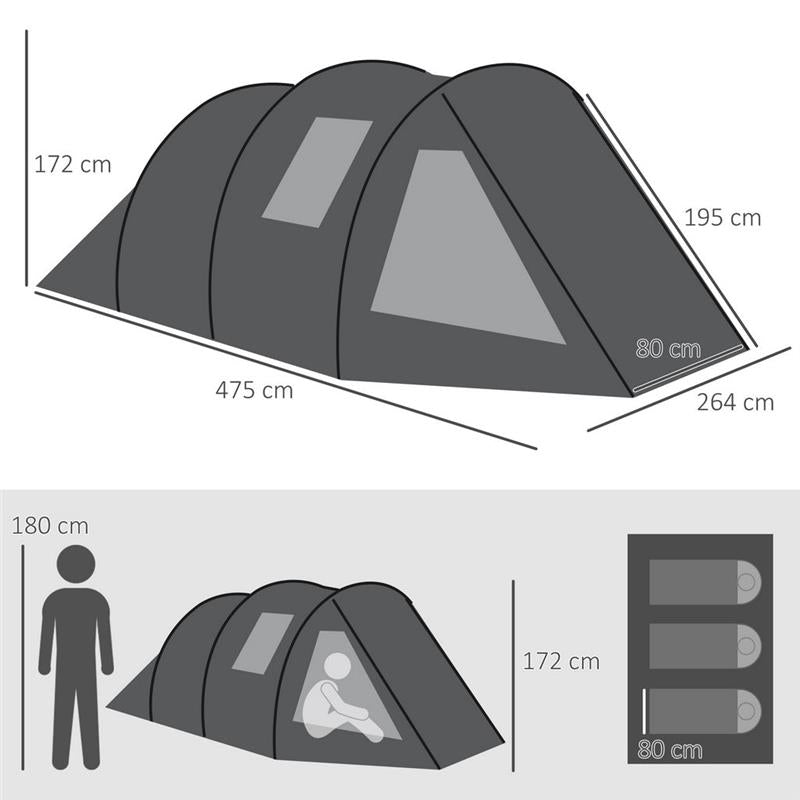 TENDA DA CAMPEGGIO TUNNEL PER 3-4 PERSONE 475 X 264 X 172 CM NERO