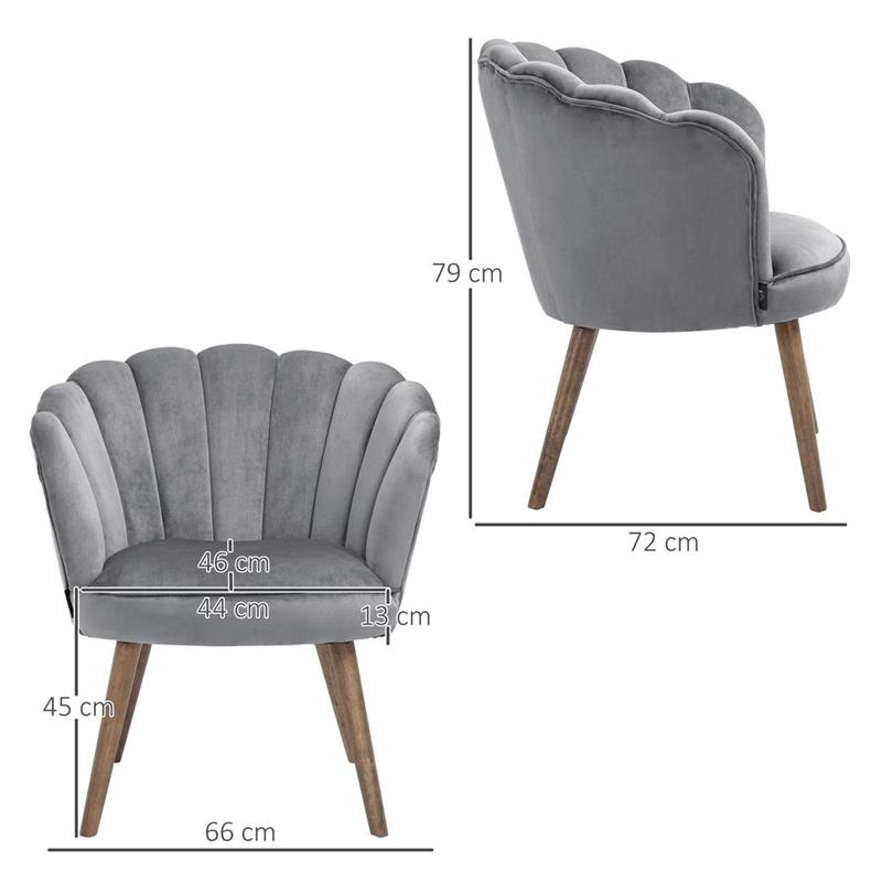 POLTRONA IN VELLUTO IMBOTTITA CON SCHIENALE A CONCHIGLIA 66X72X79 CM GRIGIO