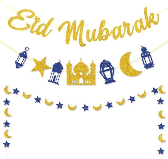 Decorazione per Festa 3 in 1 - Garlande - Bandiera per Feste - Decorazione per Eid - Decorazione per Ramadan - Accessori per Feste - 3 in 1 - Bandiera con Stella, Luna e Lampioni