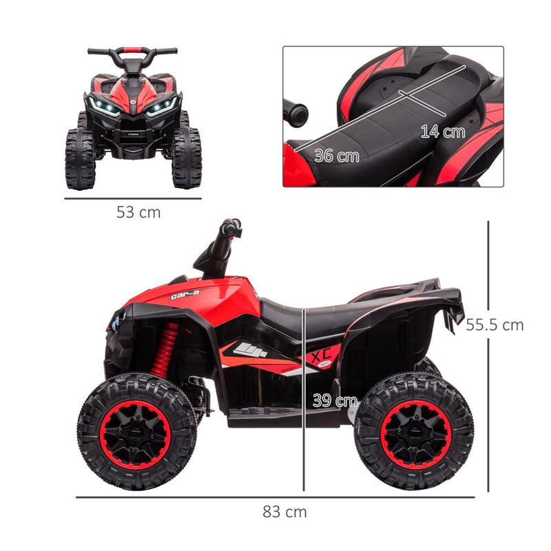 QUAD ELETTRICO PER BAMBINI 12V, 2 VELOCITÀ, RUOTE LARGHE CON SOSPENSIONI E FARI LED, ETÀ 3-5 ANNI, ROSSO